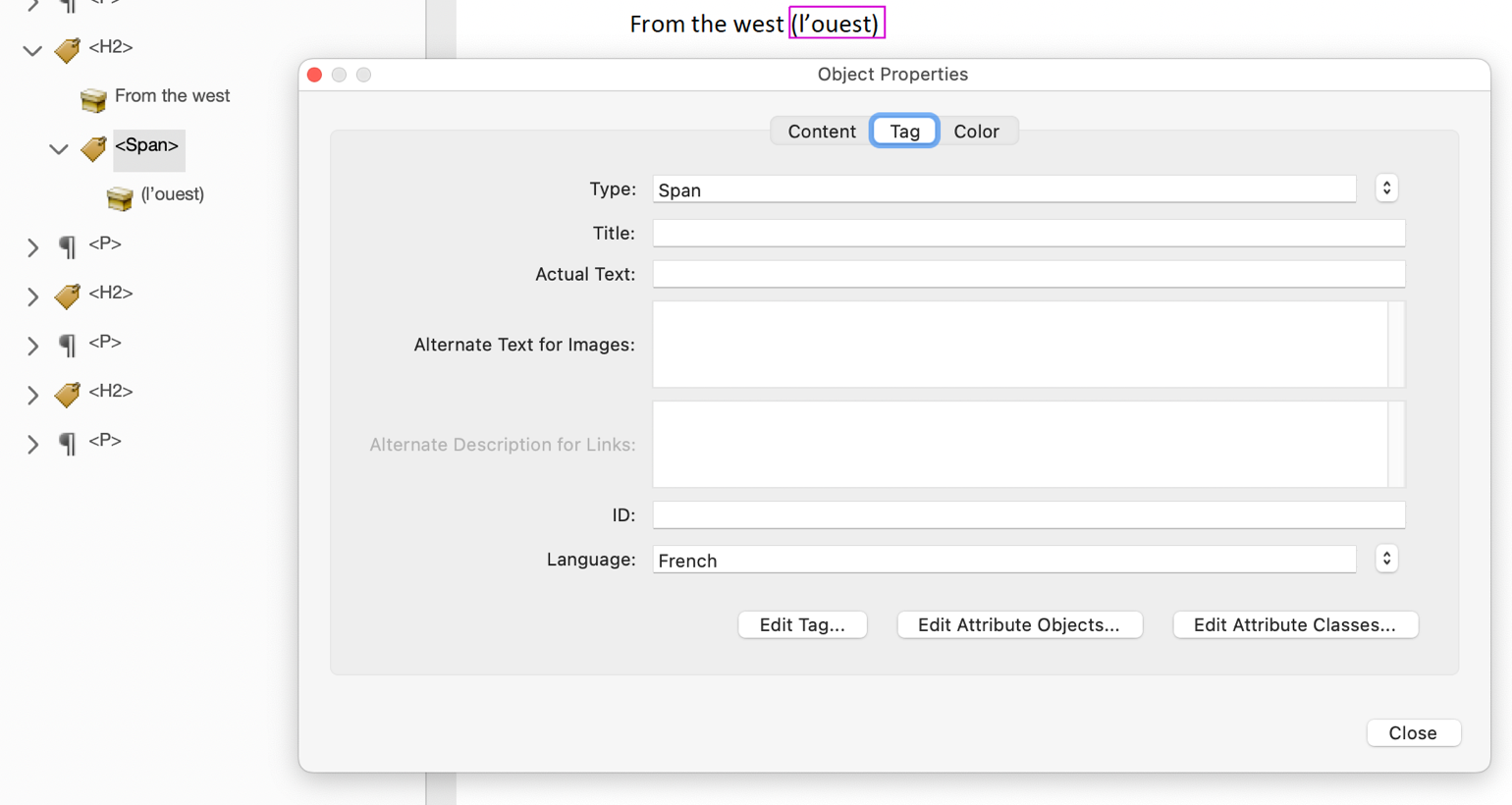 Specifying the language for a word in text using the Accessibility Tags panel. A French word is wrapped in a span element with its language set to French.